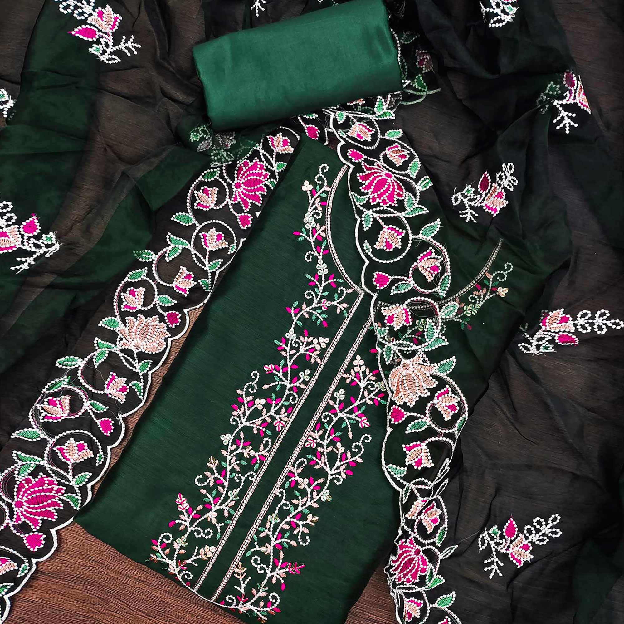 Green Floral Embroidered Chanderi Dress Material