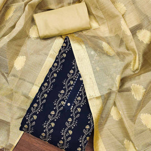 Navy Blue Floral Embroidered Chanderi Dress Material
