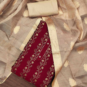 Red Floral Embroidered Chanderi Dress Material