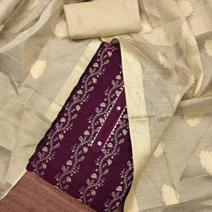 Wine Floral Embroidered Chanderi Dress Material
