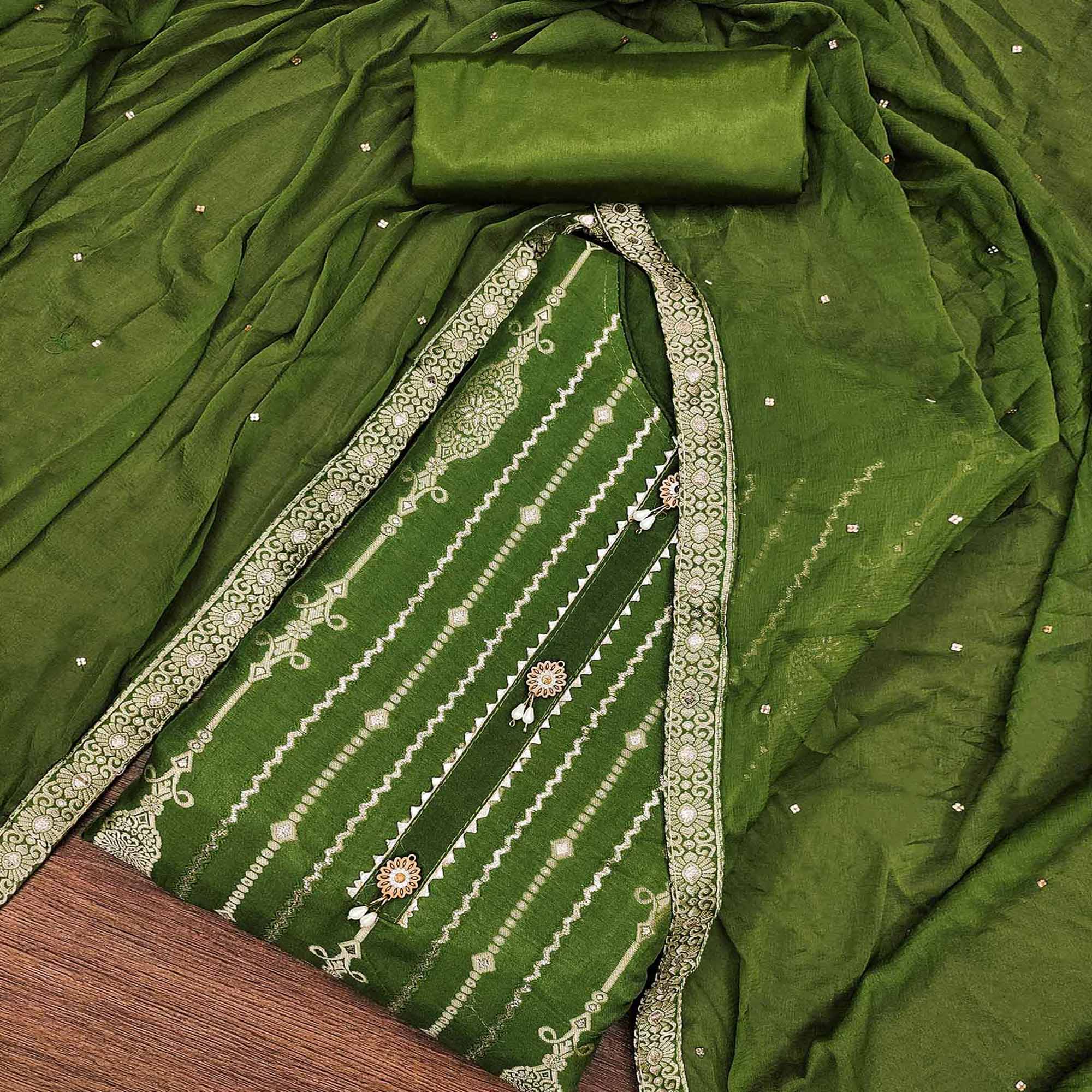 Green Woven Jacquard Dress Material