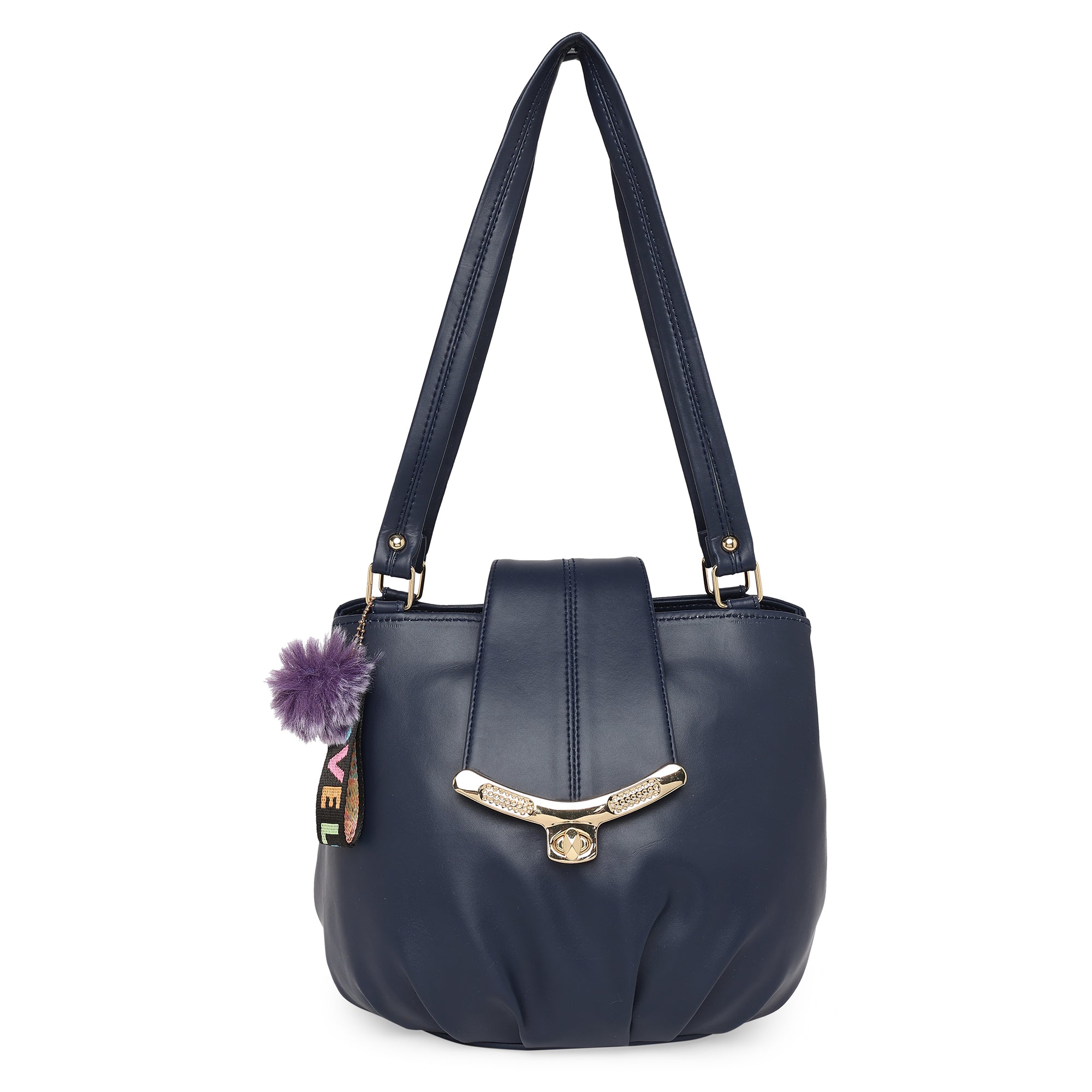 Navy Blue Women Vegan Leather Handbag With Belt