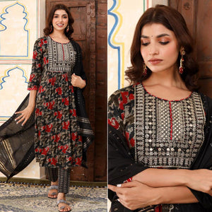 Black Printed & Embroidered Rayon Naira Cut Suit