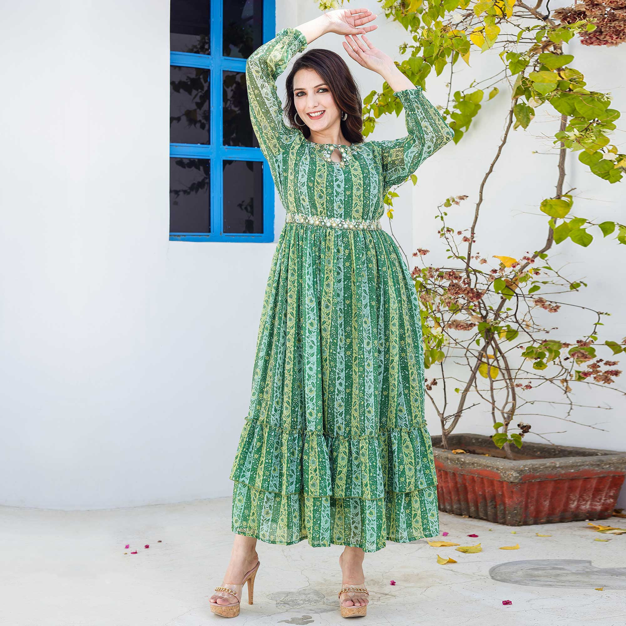 Green Floral Printed Georgette Gown