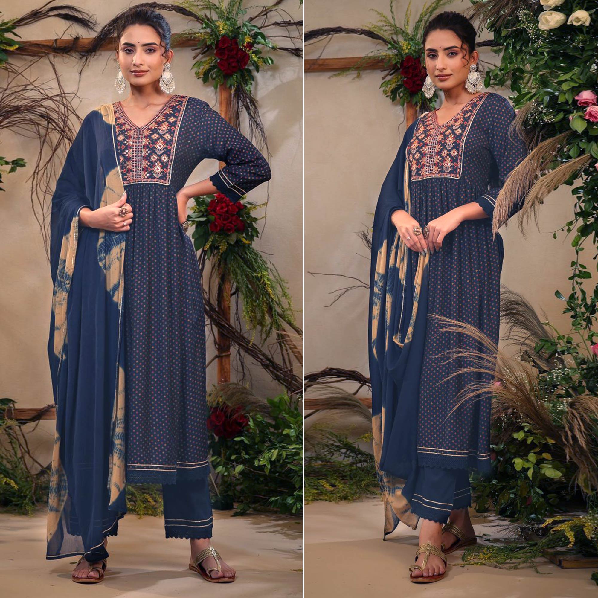 Blue Floral Printed With Embroidered Muslin Naira Cut Suit