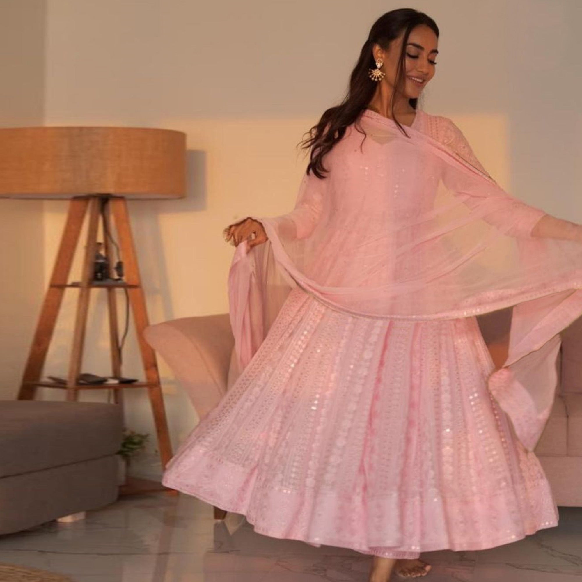 Pink Lucknowi Chikankari Work Georgette Gown