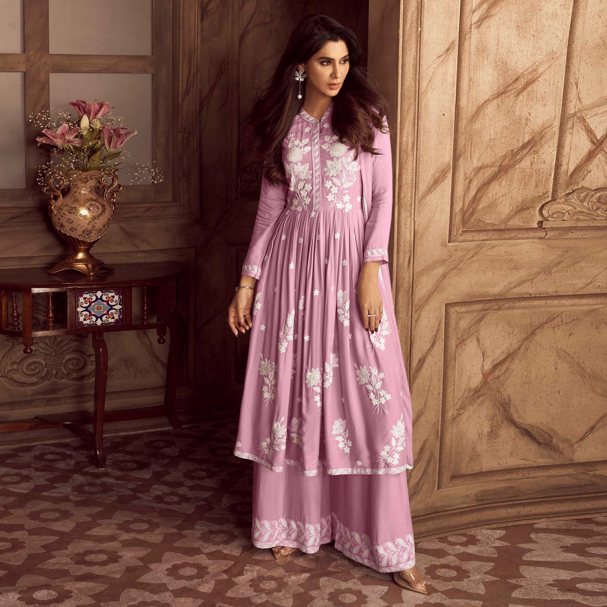 Pink Lucknowi Embroidered Rayon Palazzo Suit