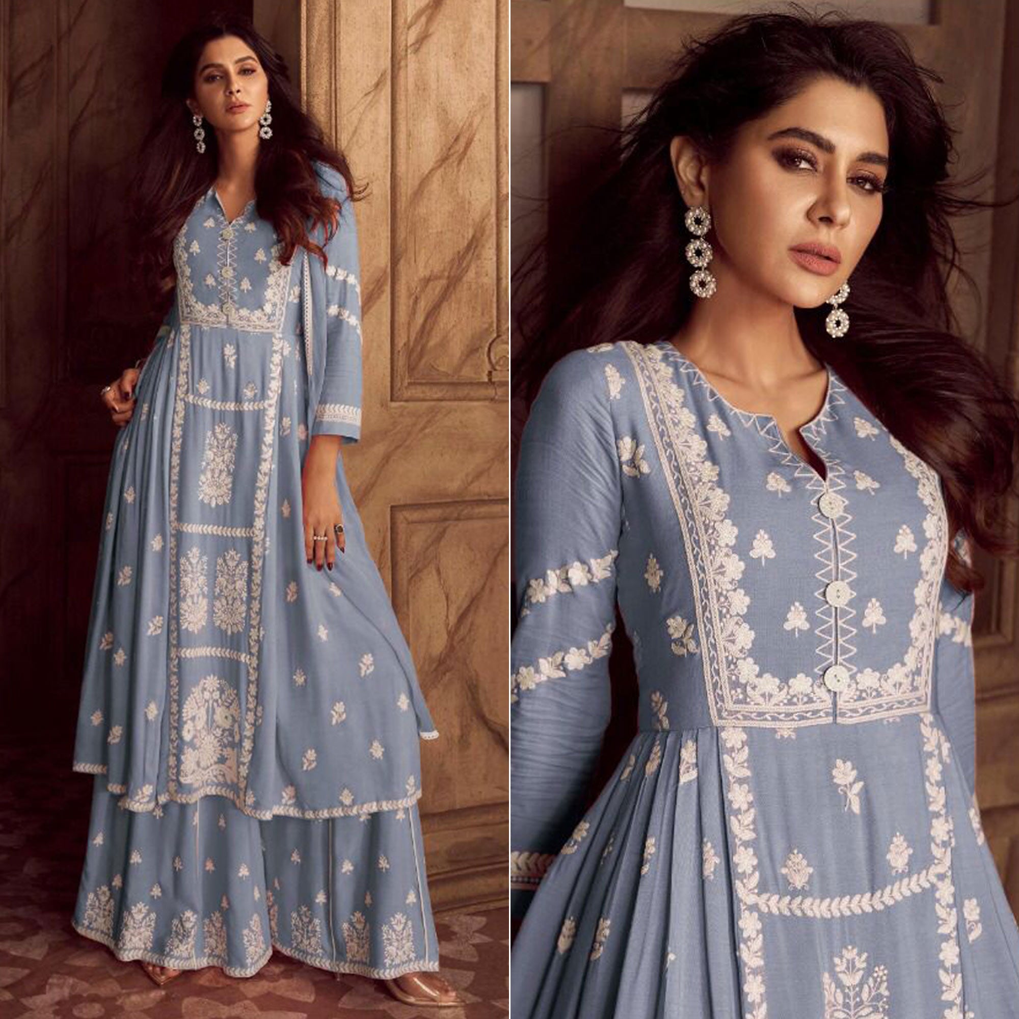 Blue Lucknowi Embroidered Rayon Palazzo Suit
