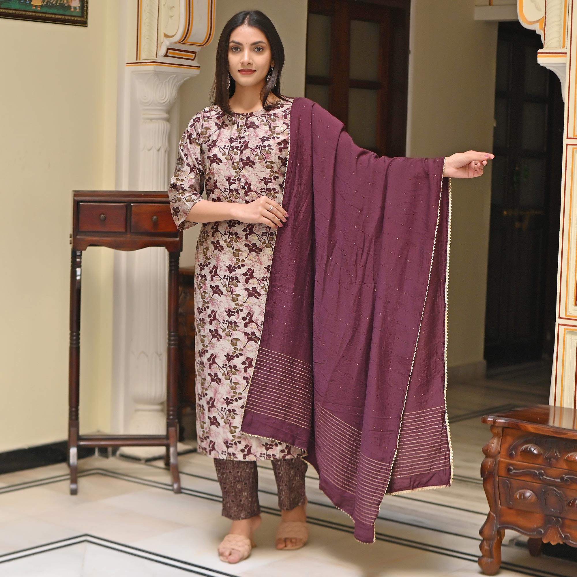 Purple Printed Chanderi Salwar Suit