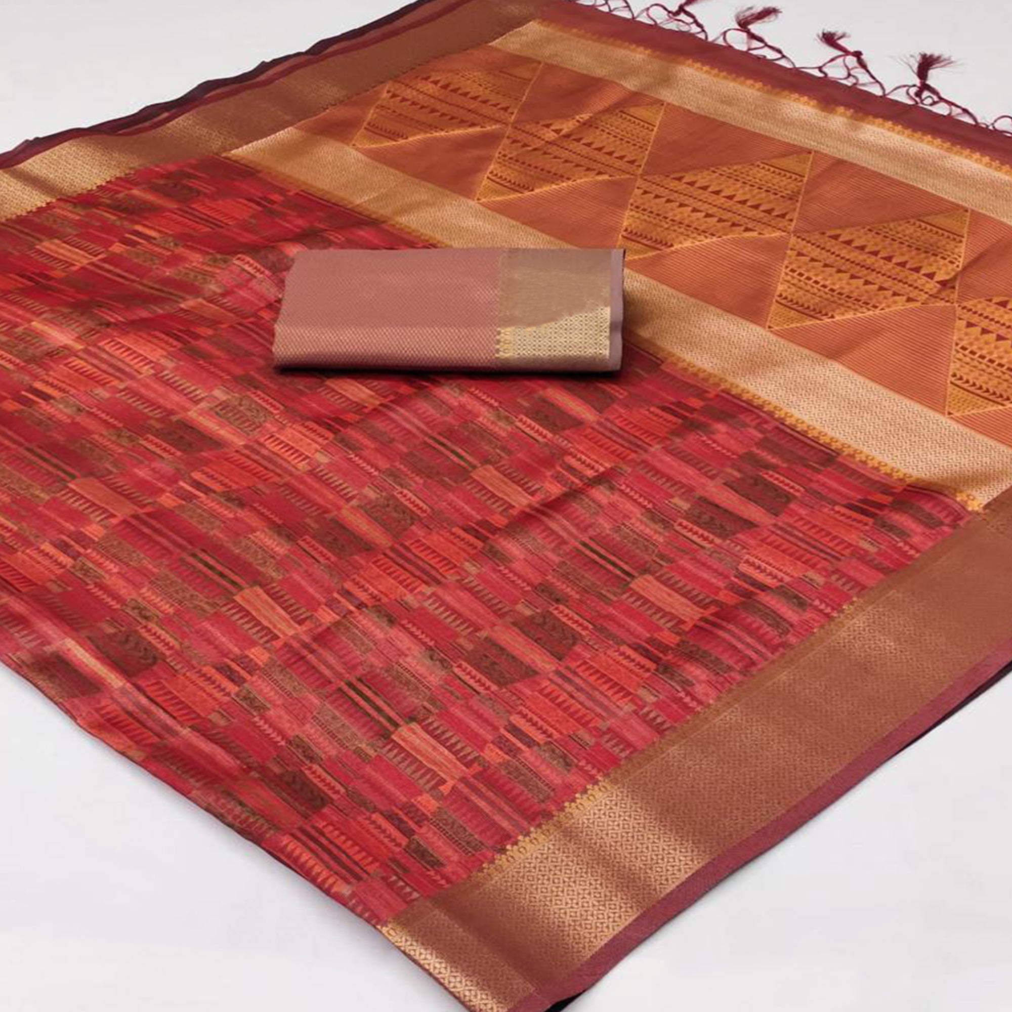 Red Woven Organza Saree With Tassels