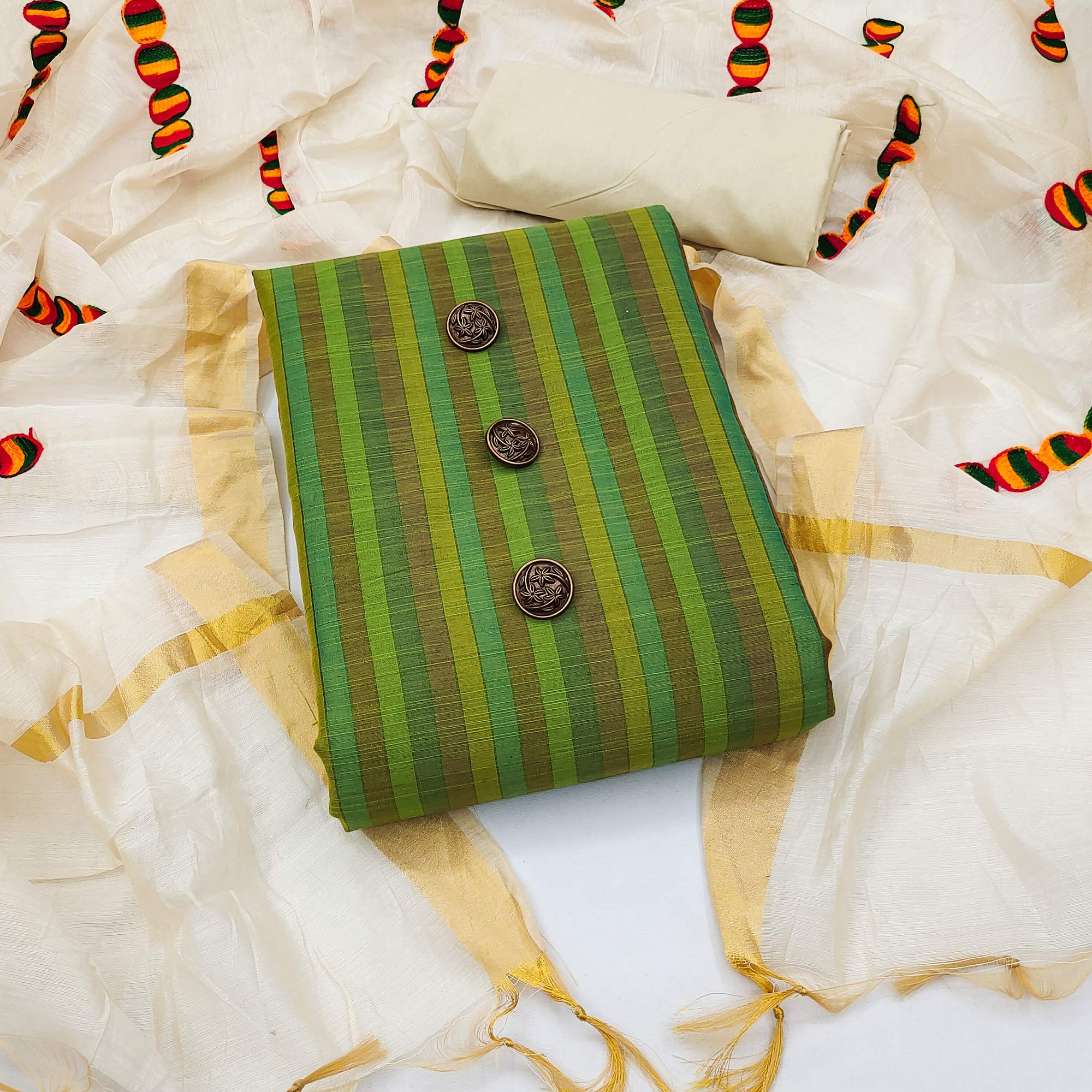 Green Stripes Pure Cotton Dress Material