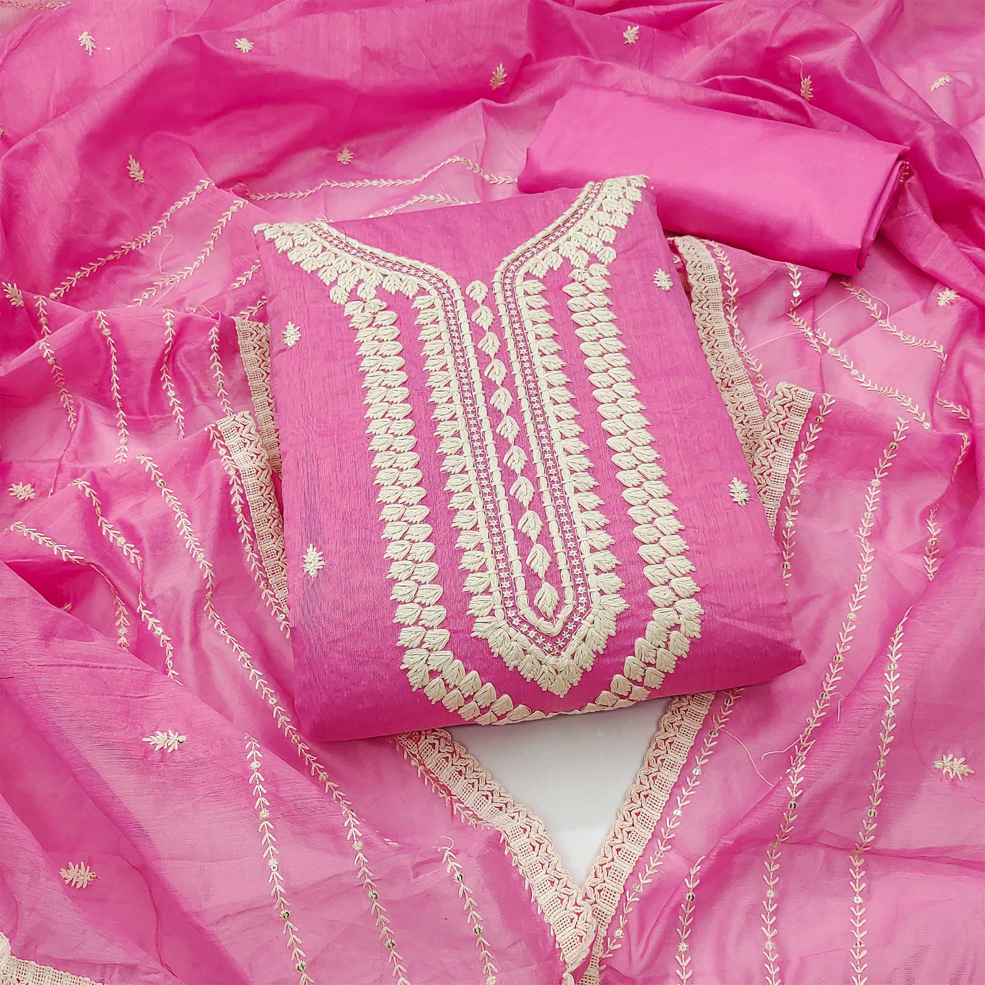 Pink Embroidered Chanderi Dress Material