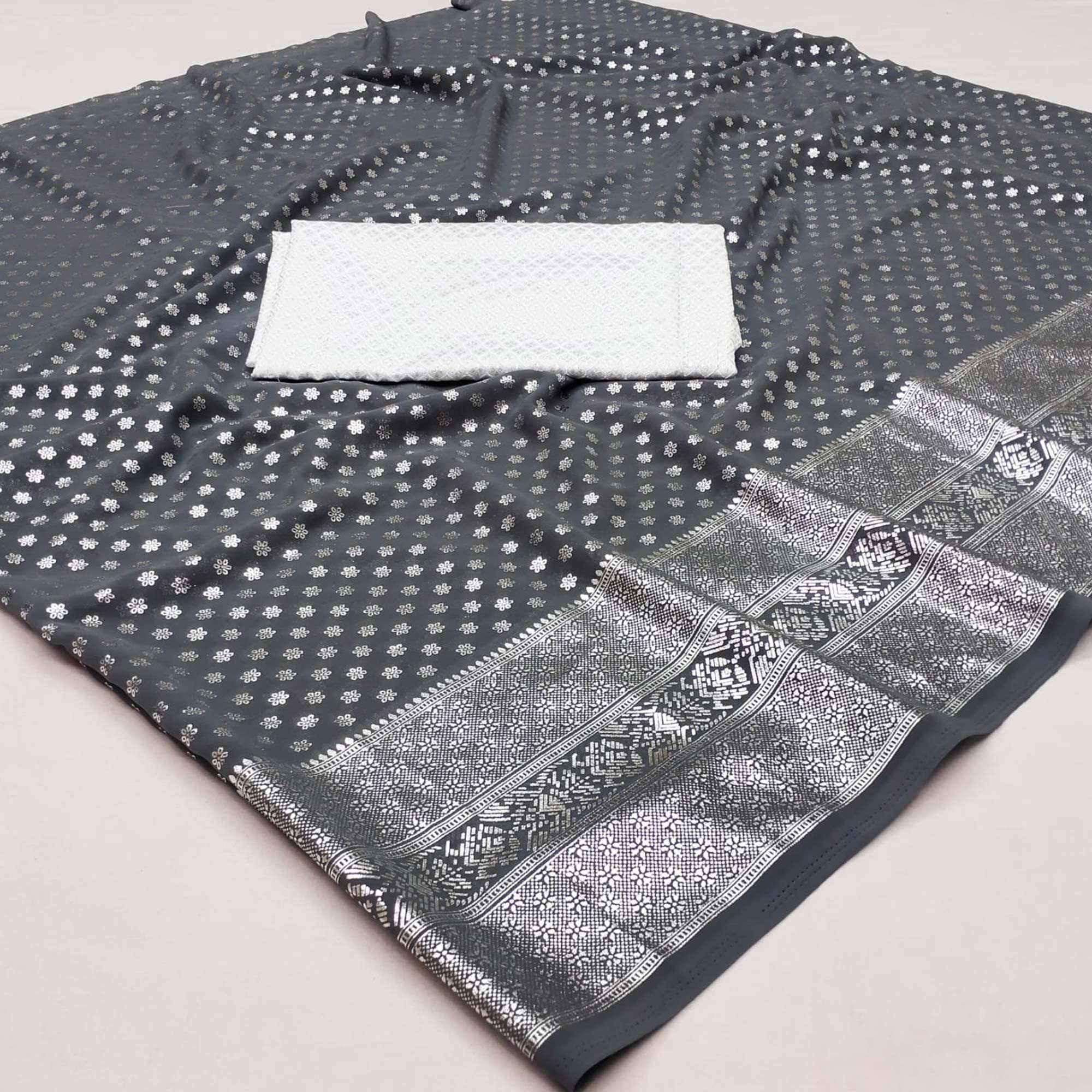 Grey Foil Printed Georgette Saree