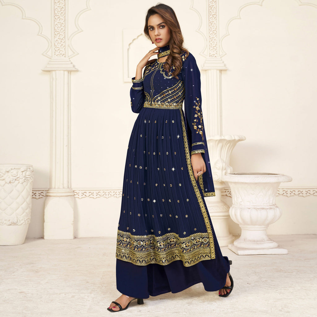 Georgette Navy Blue Heavy Embroidered Pant Suit main image 1
