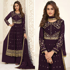 Purple Embroidered Georgette Naira Cut Suit