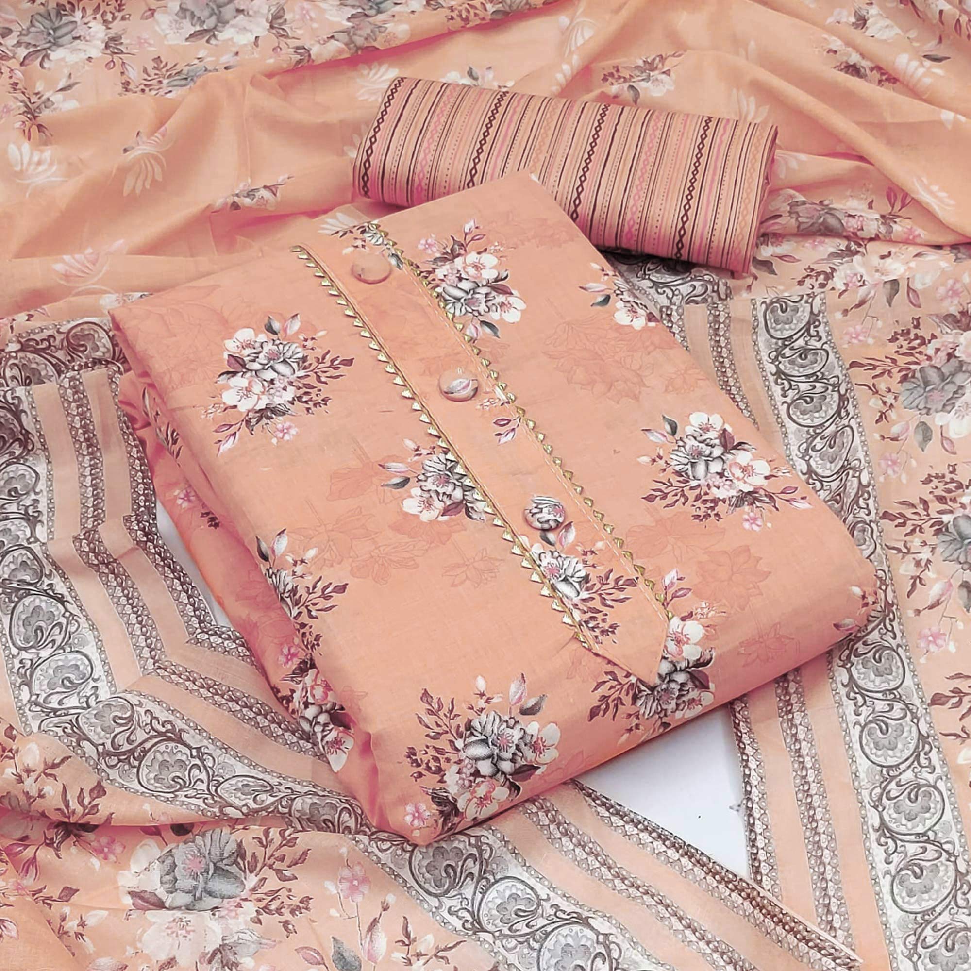 Orange Floral Printed Pure Cotton Dress Material