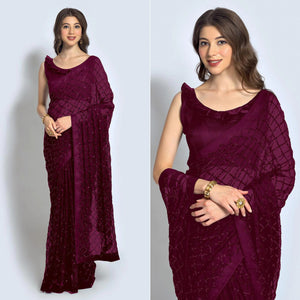 Wine Sequins Work Georgette Saree