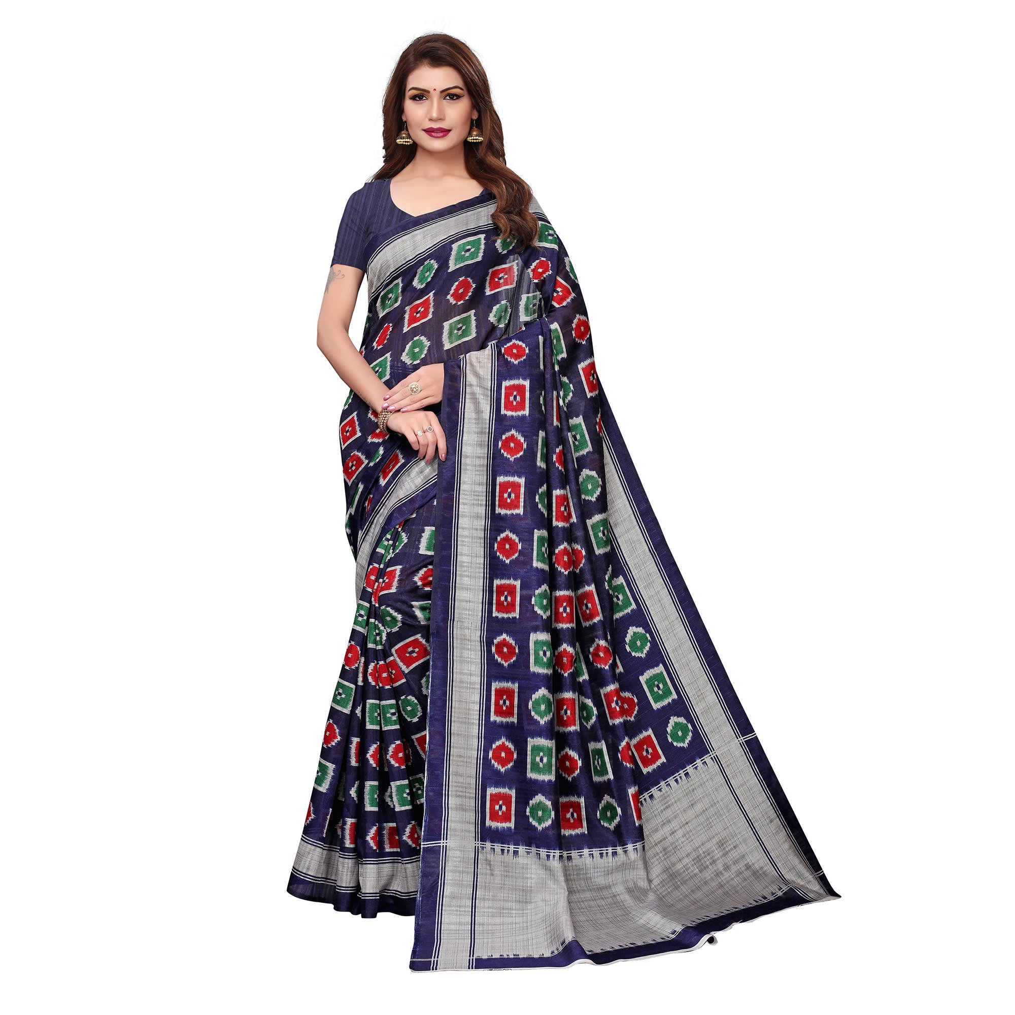 Flirty Navy Blue Colored Casual Wear Printed Bhagalpuri Silk Saree