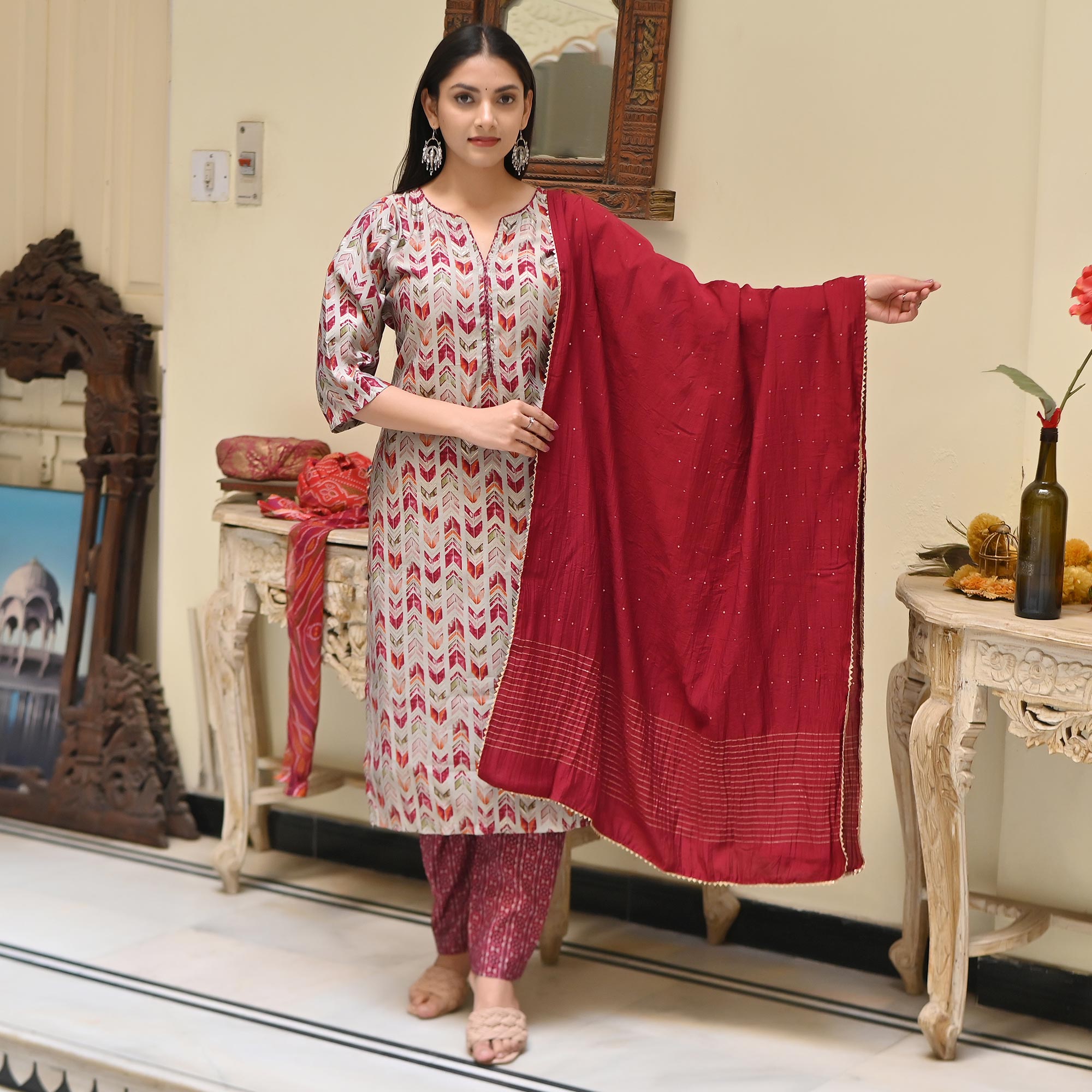 Off White & Maroon Printed Chanderi Salwar Suit