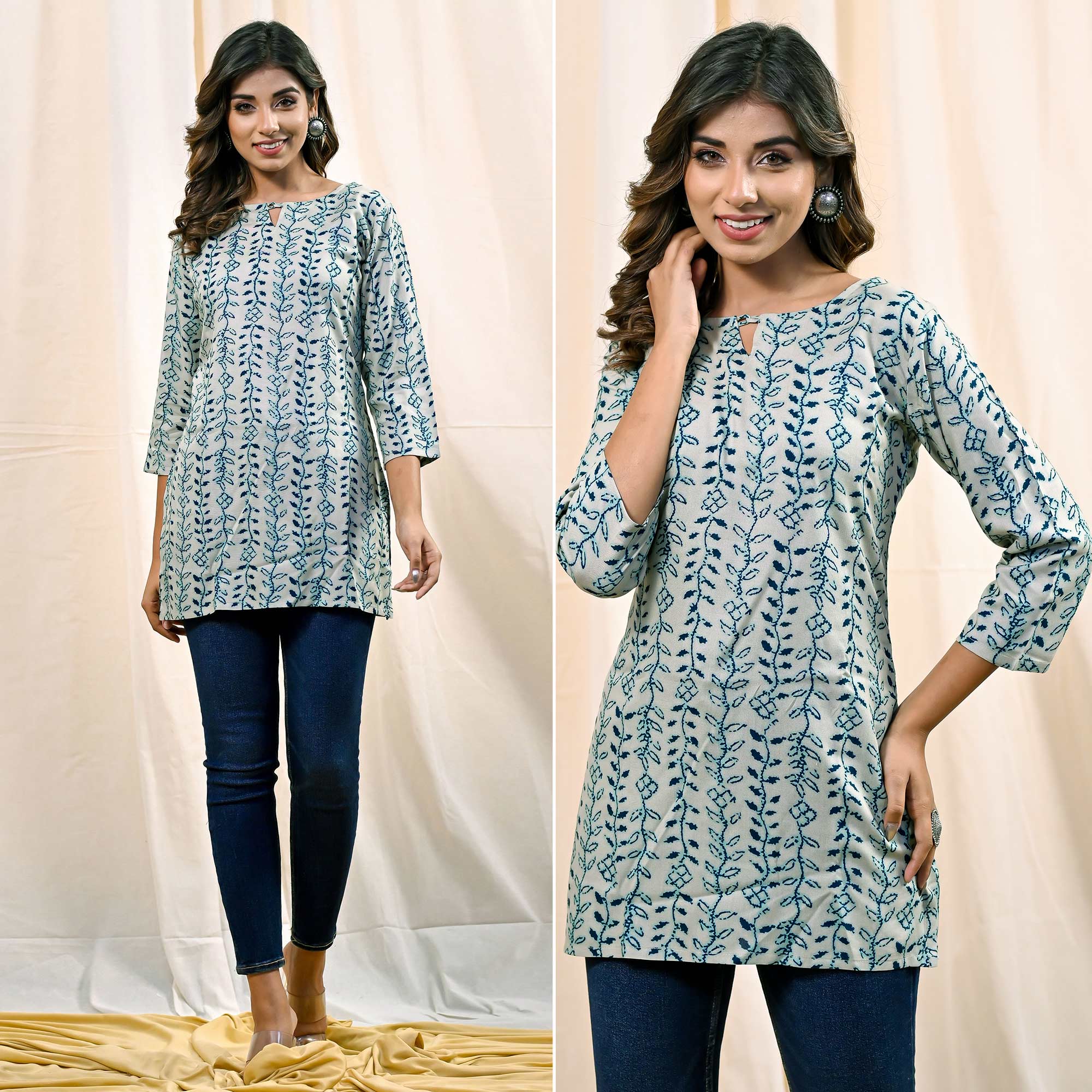 Aqua Floral Printed Rayon Top