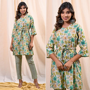 Green Floral Foil Printed Chanderi Top Bottom Set With Belt