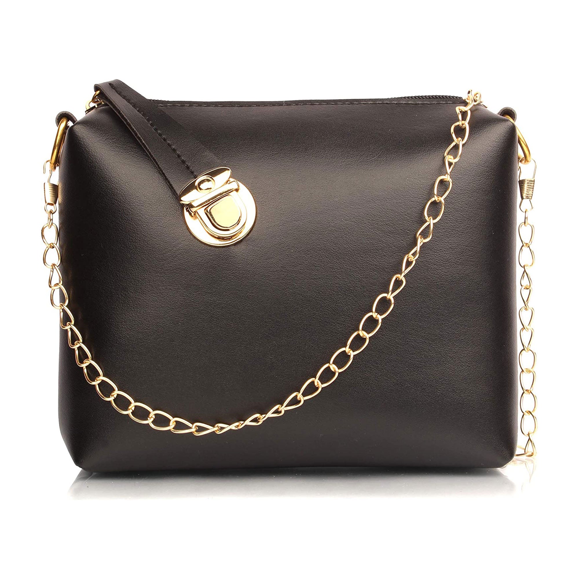 TMN - Women Black Vegan LeatherGolden Chain Sling Bag