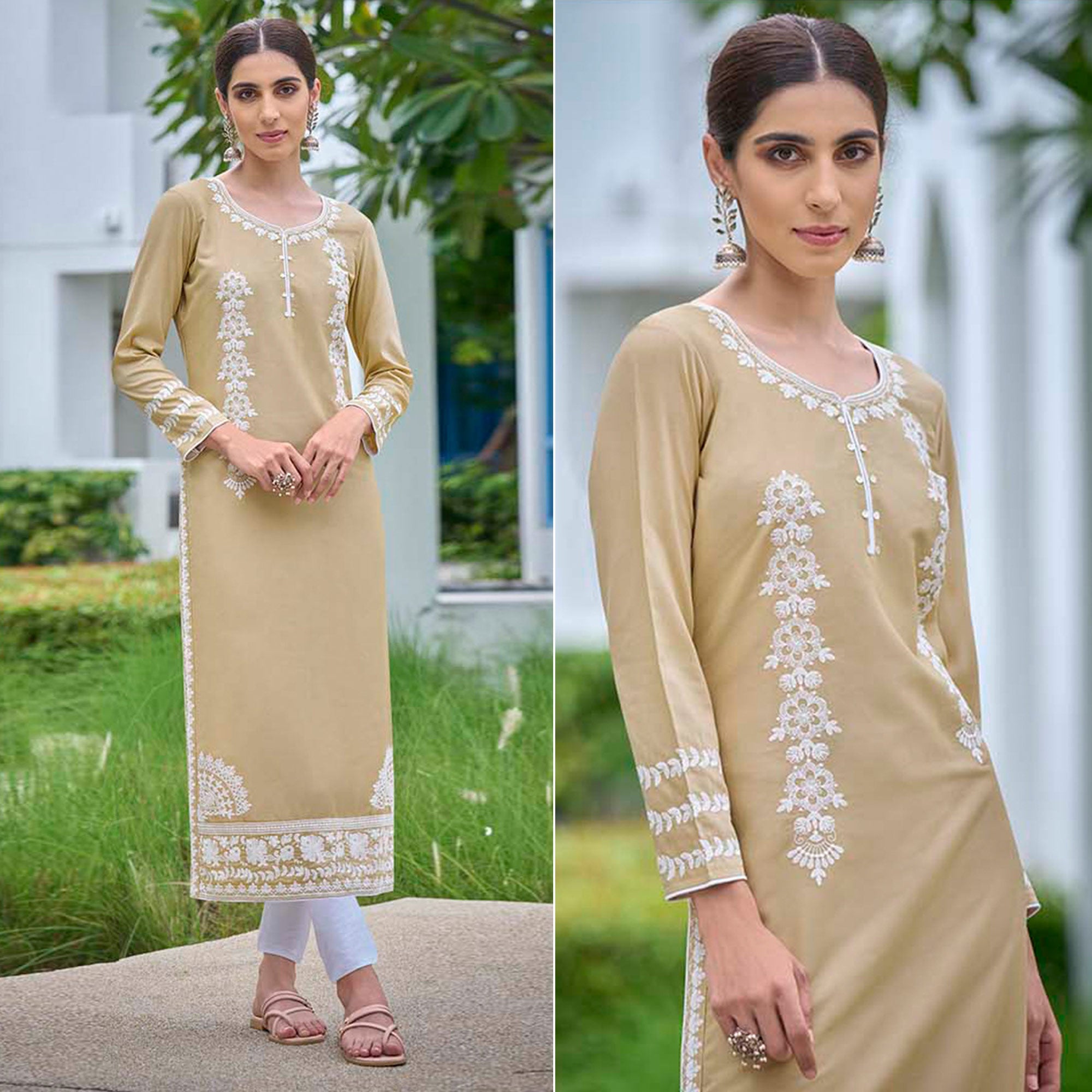 Beige Lucknowi Embroidered Rayon Kurti