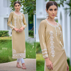 Beige Lucknowi Embroidered Rayon Kurti