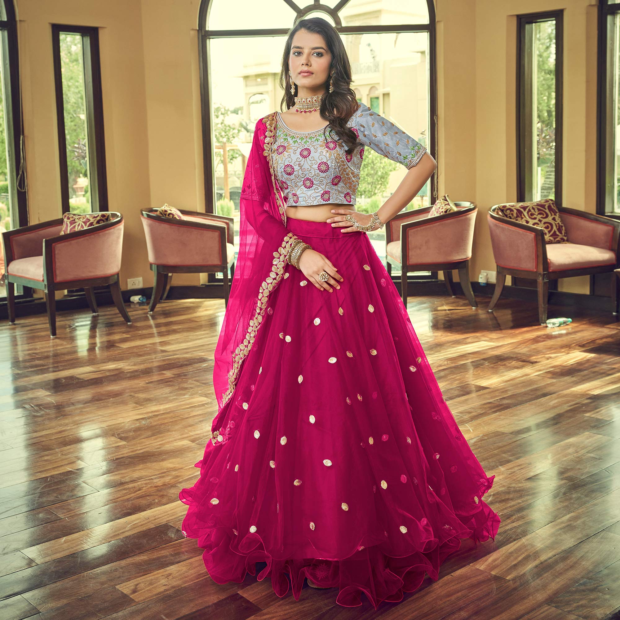 Dark Pink Sequins Embroidered Netted Lehenga Choli