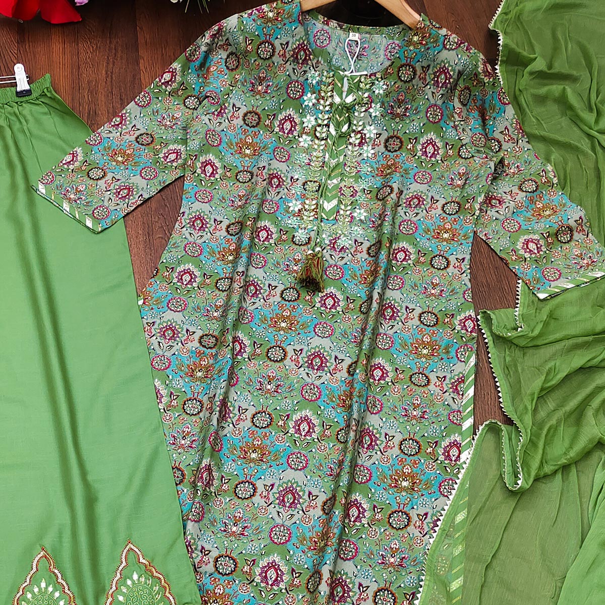 Green Foil Printed Muslin Salwar Suit