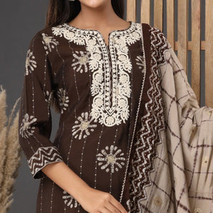 Coffee Printed Muslin Kurti Pant Set With Dupatta