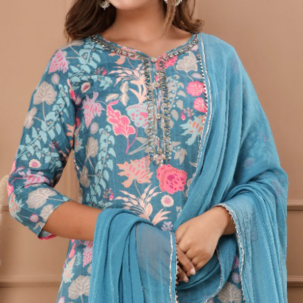 Blue Floral Printed Muslin Salwar Suit