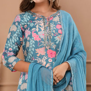 Blue Floral Printed Muslin Salwar Suit