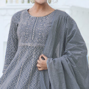 Grey Jaipuri Print With Gota Work Pure Cotton Anarkali Suit