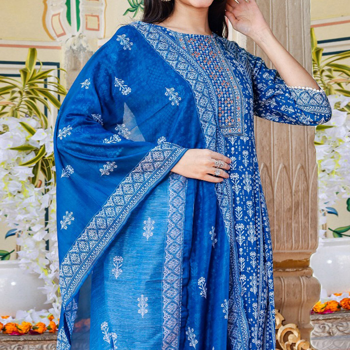 Blue Jaipuri Printed Cotton Blend Anarkali Suit