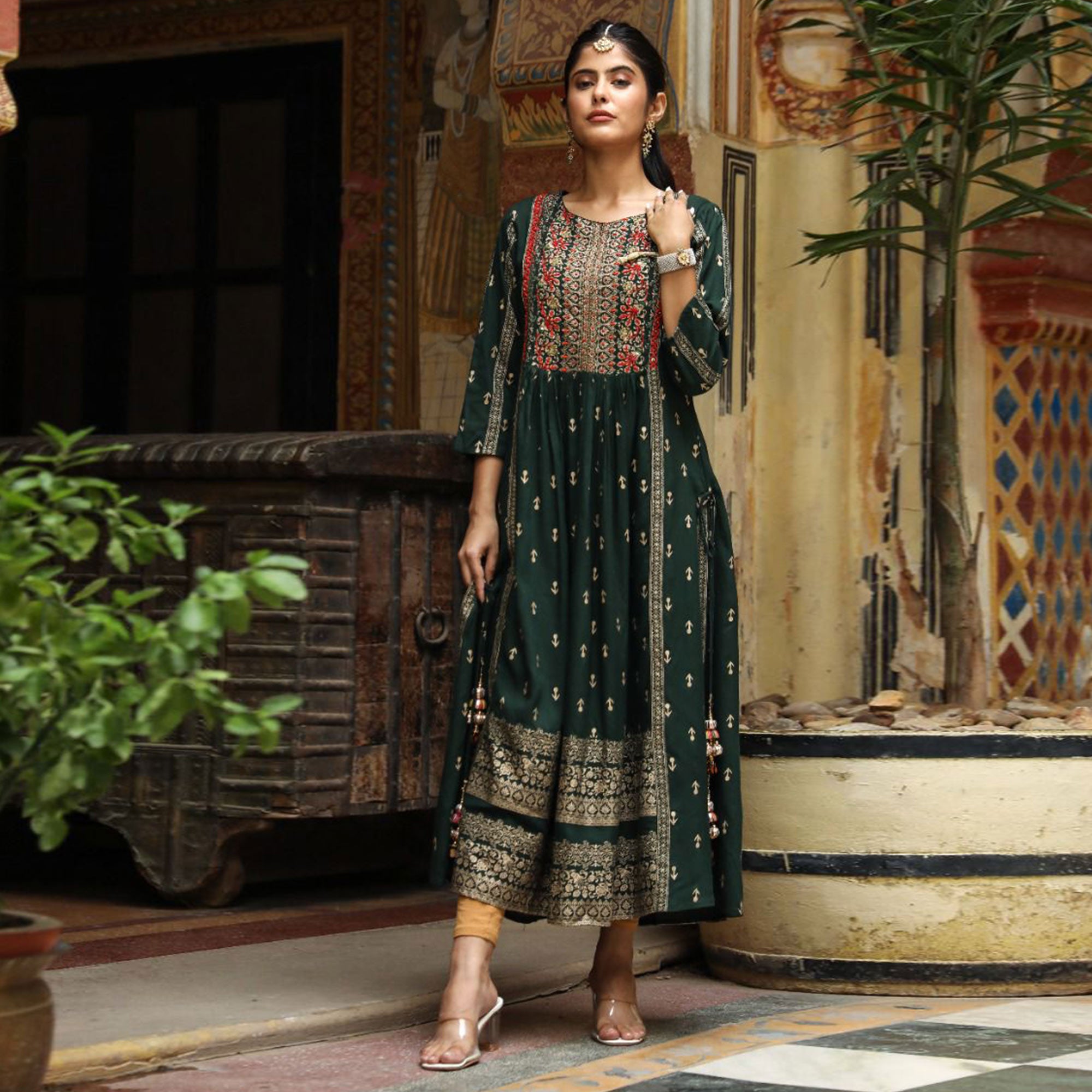 Green Printed With Embroidered Rayon Naira Cut Kurti