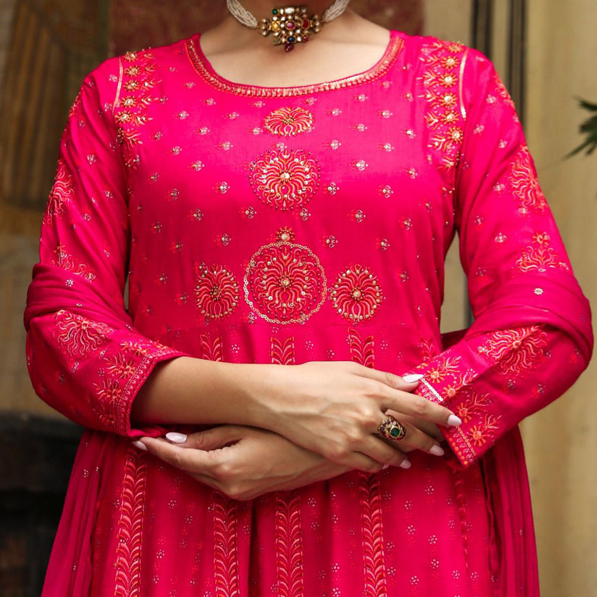 Pink Printed & Embroidered Rayon Anarkali Suit