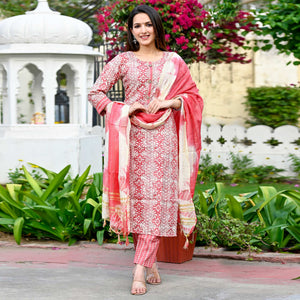 Peach Floral Foil Printed Rayon Suit