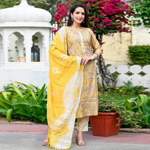 Yellow Floral Foil Printed Rayon Suit