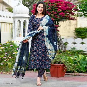 Navy Blue Floral Foil Printed Rayon Suit