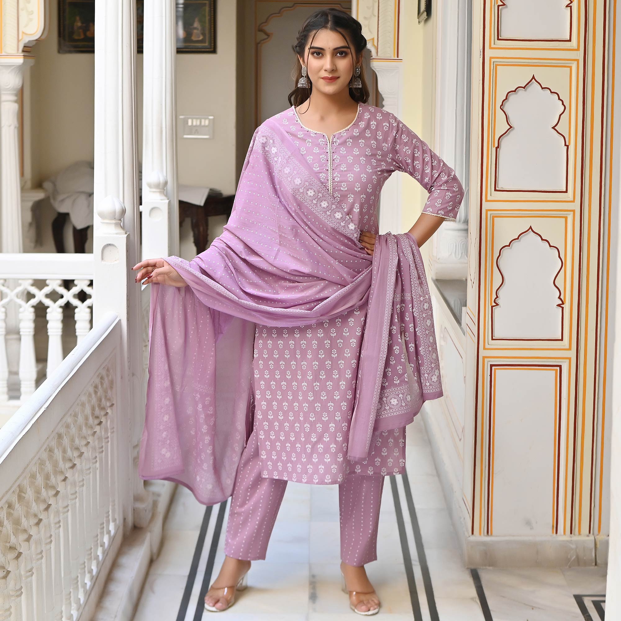 Lavender Jaipuri Printed Pure Cotton Salwar Suit