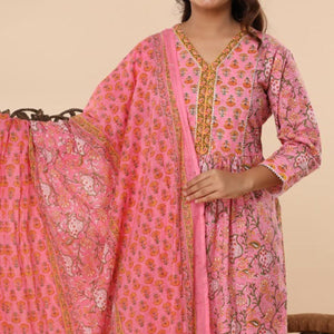 Pink Printed With Gota Work Pure Cotton Naira Cut Suit