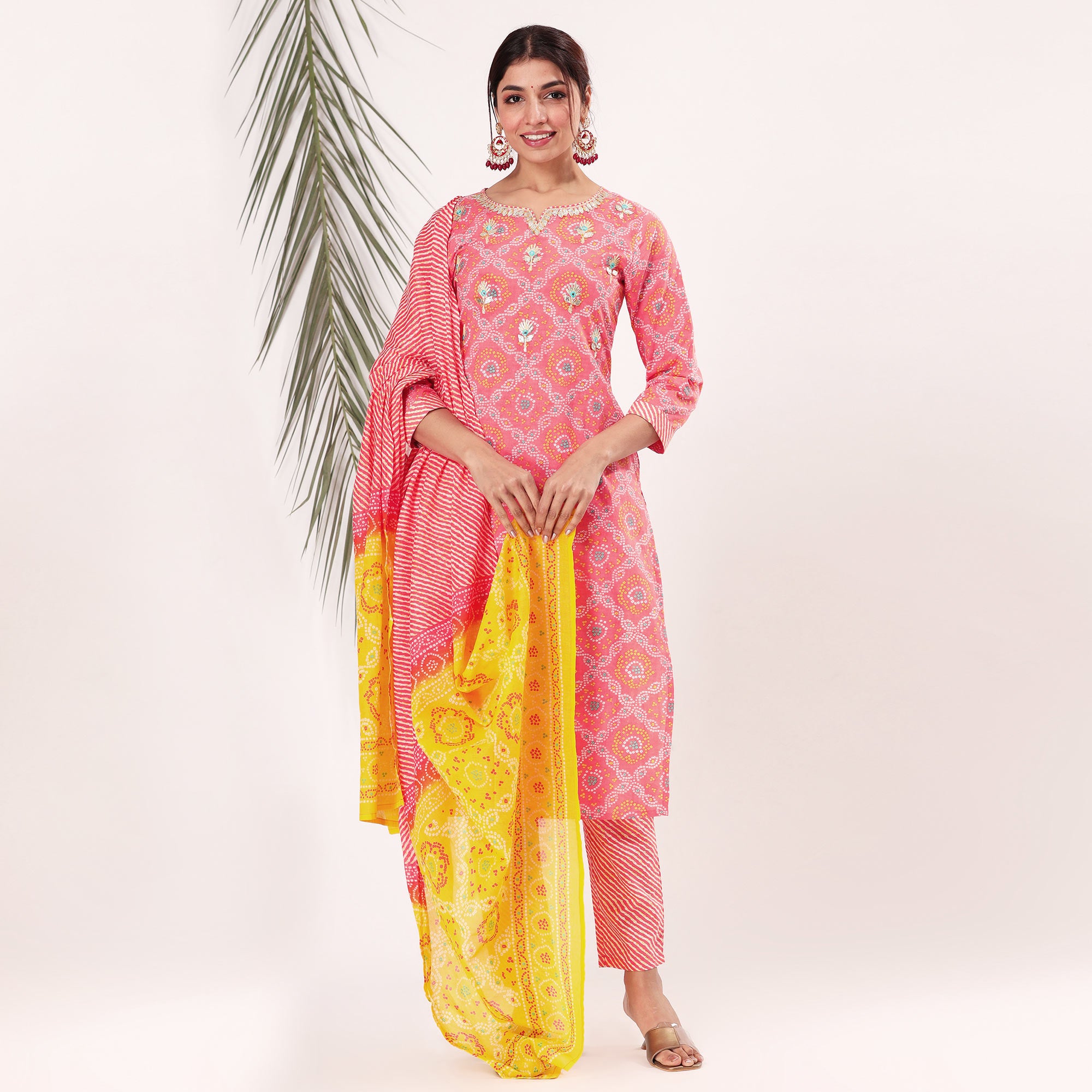 Peach Bandhani Printed Pure Cotton Salwar Suit