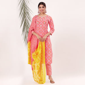 Peach Bandhani Printed Pure Cotton Salwar Suit