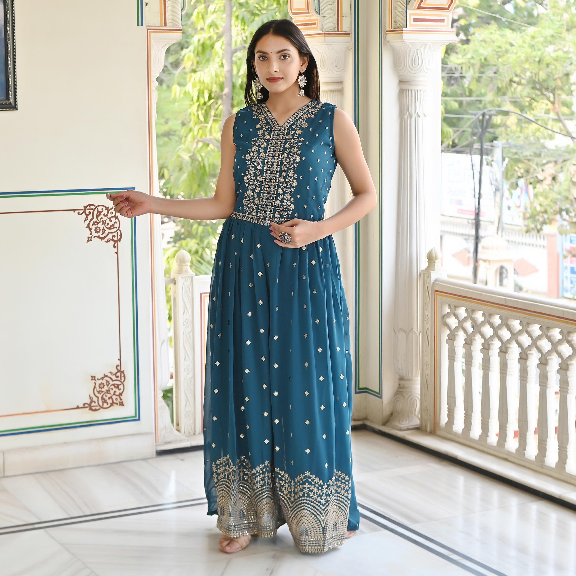 Blue Sequins Embroidered Georgette Jumpsuit