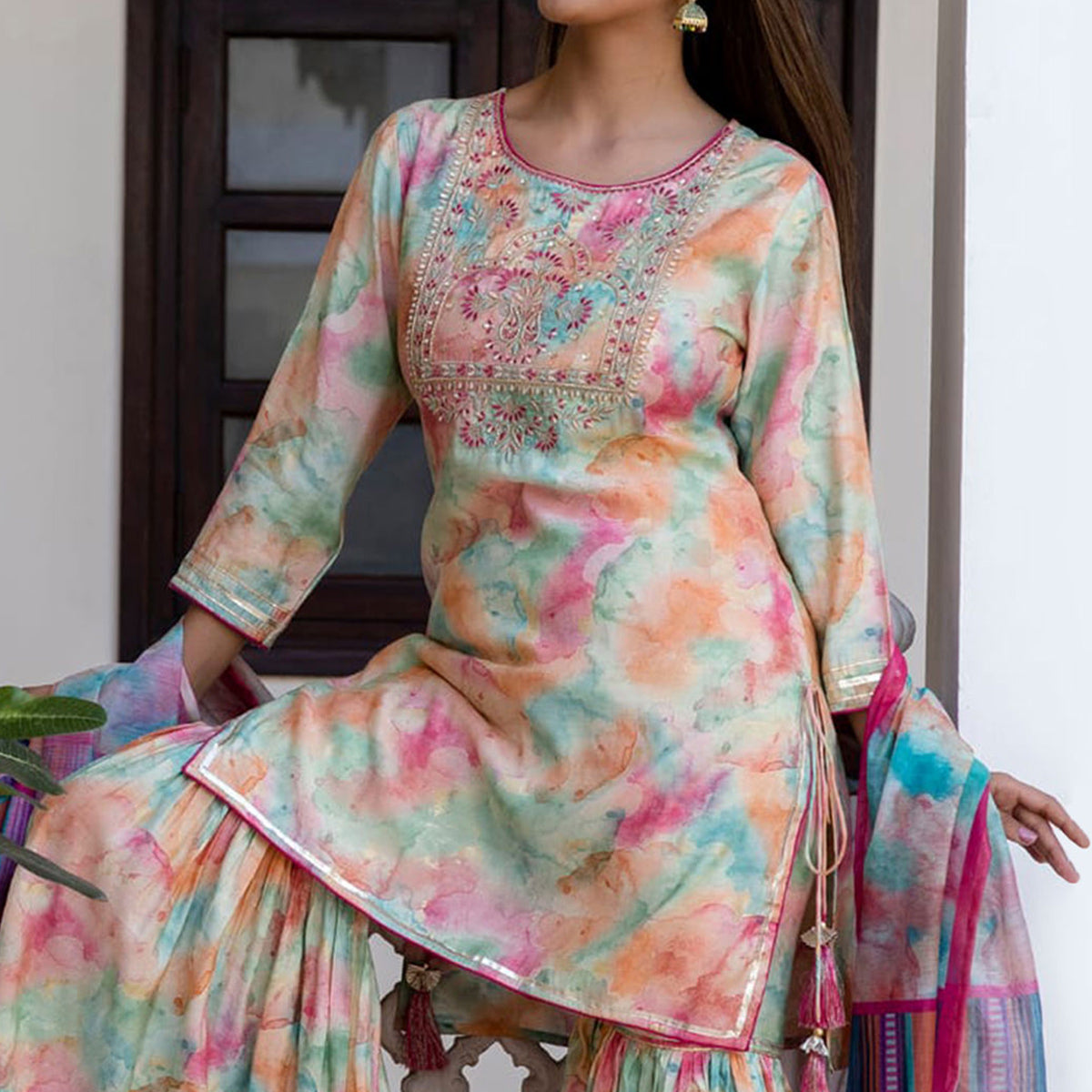 Multicolor Printed Muslin Sharara Suit