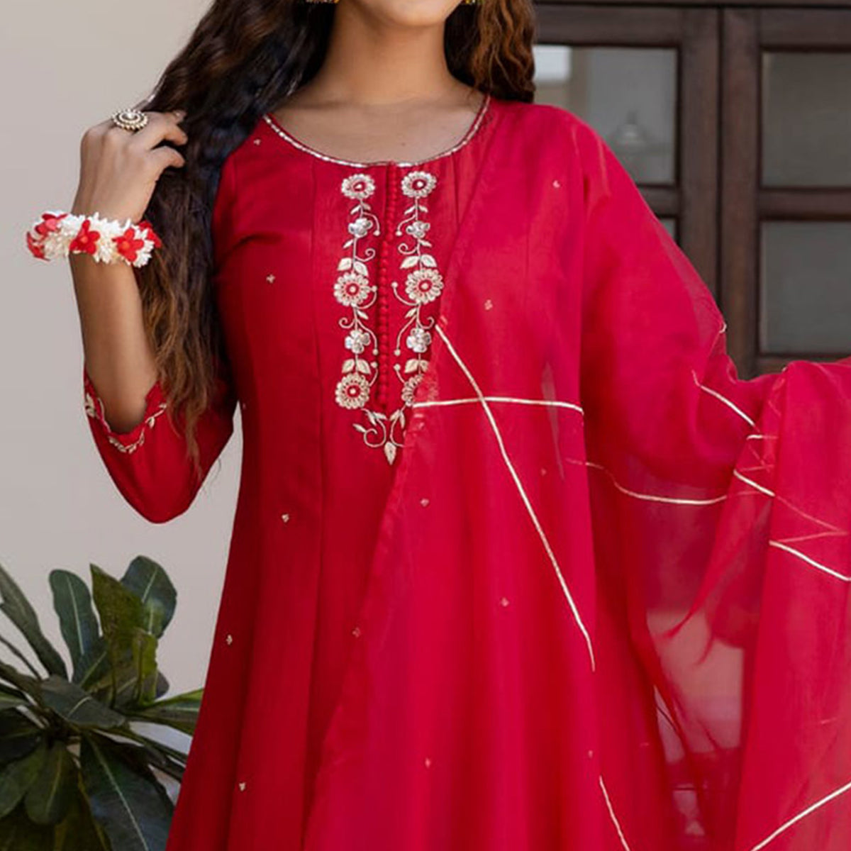 Red Embroidered Muslin Anarkali Suit