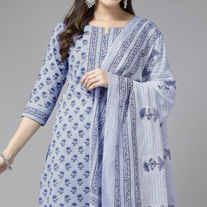 Blue Floral Printed Pure Cotton Salwar Suit