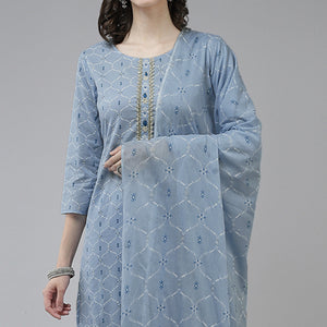 Blue Printed Pure Cotton Salwar Suit