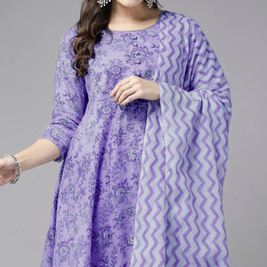 Light Purple Floral Printed Pure Cotton Anarkali Suit